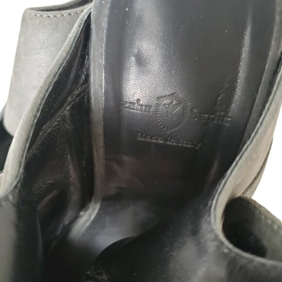 Zeha Berlin gray nubuck leather peep toe ankle strap heeled sandals - Picture 9 of 11